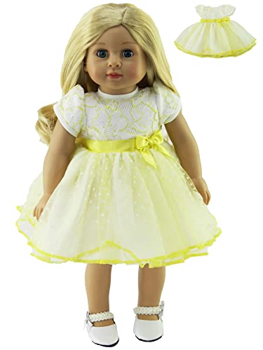 American Fashion World White and Yellow Lace Polka Dot Dress for 18-Inch Dolls | Premium Quality & Trendy Design | Dolls Clothes | Outfit Fashions for Dolls for Popular Brands