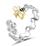 Honeycomb Bee Rings Jewelry for Women - Thicken 925 Sterling Silver Open Adjustable Queen Bee Ring With Cubic Zirconia,Gold Bumble Bee Beehive Ring Mother's Day Gifts for Bee Lovers