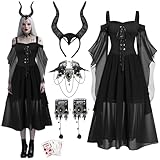 Ycaaeo Déguisement Maléfique Femme - Costume de Renaissance pour Femme - Cornes Maléfiques - Collier et Bracelets Gothiques - 10 Tatouages - Costume Malefique pour Femme Halloween Carnaval Cosplay