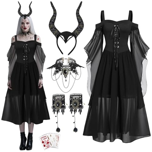 Maleficent Kostüm Damen - Gothic Halloween Kleid Kostüm - Maleficent Hörner - Gothic Schmuck Halskette und Armbänder - Mittelalter Gebundene...