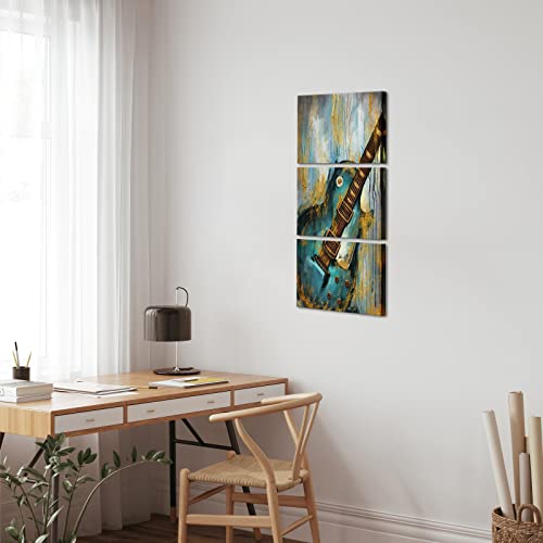 Sechars Music Canvas Wall Art Set Of 3 Abstract Guitar Painting On Canvas For Home Living Room Pub Bar Decor Gallery Wrapped Teal And Gold Artwork Giclee Print Framed Ready To Hang #TOP2