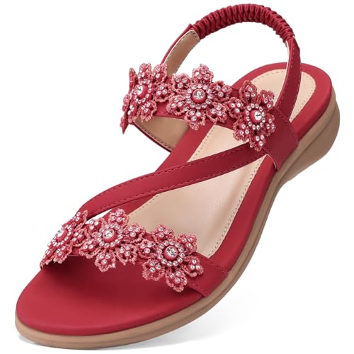 Image of TEMOFON Sandals for Women Flat Dressy Summer Flower Sandals with Ankle Strap Comfortable Casual Walking Flat Sandals Size 5-11