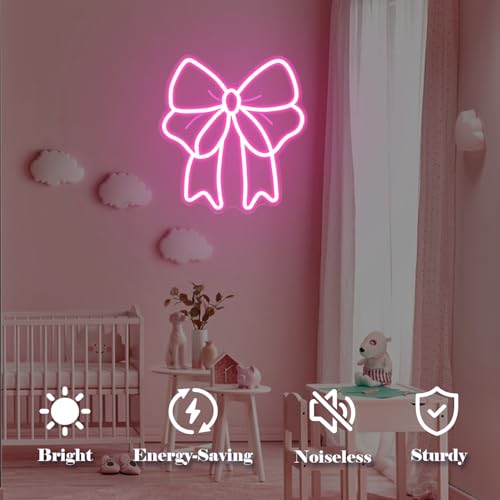 Image of Pink Bow Neon Sign Bows Neon Lights for Bedroom Dimmable Coquette Ribbon Bow Birthday Decorations Pink Wall Art Bow Wall Decor Led Sign Gifts for Girls Party
