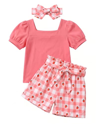 Image of Arshiner Toddler Girls 3 Piece Outfit Set Puff Sleeve Square Neck Top with Shorts and Matching Headband Summer Clothes 2T-8Y