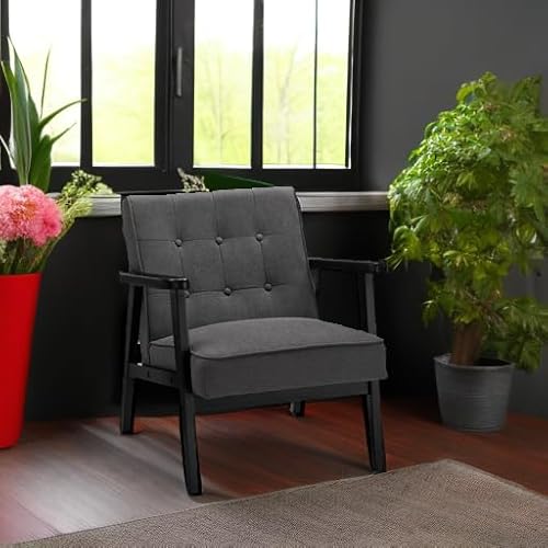 SONGMICS Accent Leisure Chair, Mid-Century Modern Arm Chair with Solid Wood Armrests and Legs, 1-Seat Cushioned Sofa for Living Room Bedroom Balcony Studio, Classic Black ULAC001B01 - Image 6