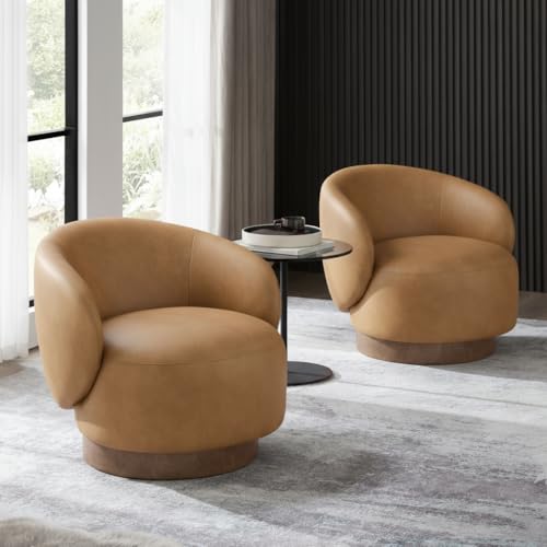 Image of KISLOT Swivel Accent Chair Modern Round Barrel Armchair with Upholstered Faux Leather for Living Room Bedroom Waitingroom,1 Box,Brown