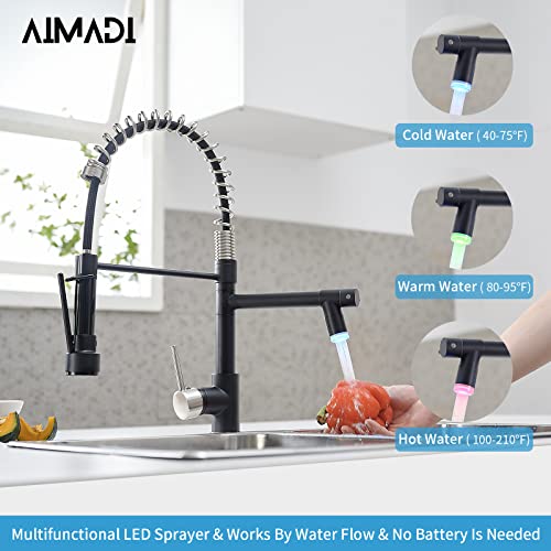 Image of AIMADI Kitchen Faucet Black,Black Stainless Steel Kitchen Faucet | with Pull Down Sprayer,Single Handle Faucet for Kitchen Sink with LED Light