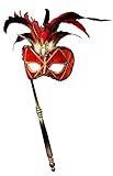 Forum Novelties Women's Feather Masquerade Mask with Holding Stick, Red/Black, One Size