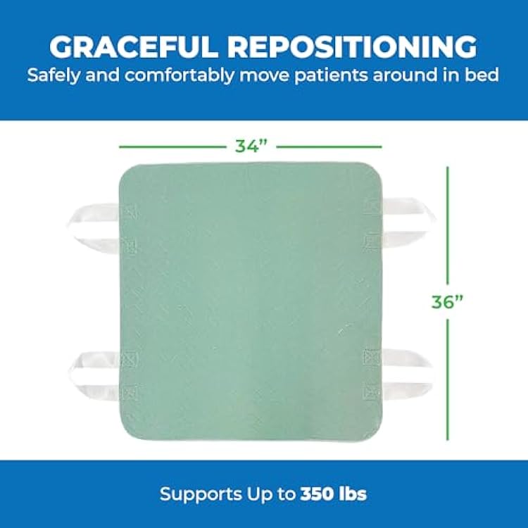 Patient Aid 34 x 36 Positioning Bed Pad with Handles - Incontinence Mattress Bedding Protector Liner Reusable Underpad with Handles & Straps for Easy Transfer - Washable Waterproof Positioning Pad