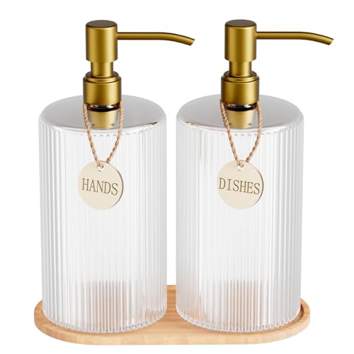18Oz Soap Dispenser Set with Gold Stainless Steel Pump & Wood Tray - Vertical Stripe Design Refillable for Dish Soap & Hand Soap, Fits Kitchen & Bathroom Countertops