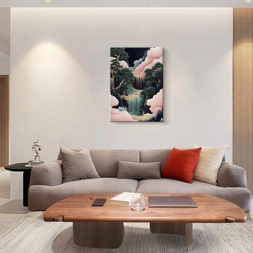 Framed Japanese Waterfall Landscape Picture Pink Clouds Wall Art Decor Canvas Print Nature Print Artwork Poster Gallery Bedroom Living Room Office 16x24 Inch Ready to Hang by RZIGERNO - Used condition - Image 5