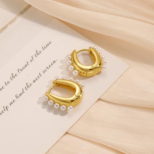 Pearl Earrings for Women - Dainty Gold Earrings Trendy 14K Gold Plated Freshwater Pearl Dangle Hoop Stud Earrings for Women Wedding Jewelry Gift for Women