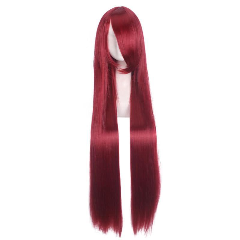Perruque de cheveux humains raides avec frange rouge framboise pour cosplay et fete 100 cm