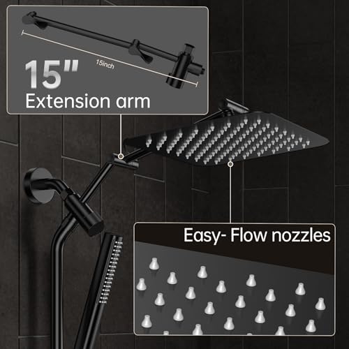 Image of Veken 10 inch Luxurious All Metal Rain Shower Head with Handheld Spray Combo, High Pressure Rainfall Square Shower Heads with Extension Arm, Wide Dual Showerhead, Bathroom Accessories, Matte Black