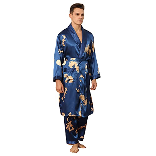 Haseil Men's Satin Robe with Pants Lightweight Printed Luxurious Spa Dragon Silk Bathrobe Kimono Set4