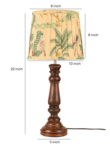 Image of Green Girgit Classic Wooden Lamp in Walnut Brown Color with Pleeted Multiolor Green Shade, Vintage Wooden Table Lamp with Tropical Print Shade, Decorative Light for Bedroom (LED Bulb Included)