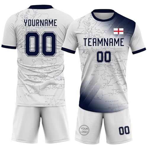 Generic Custom England Soccer Jersey with Name Number, Personalized Athletic Shirts for Men Women Youth Kids, White Soccer Shirt Set