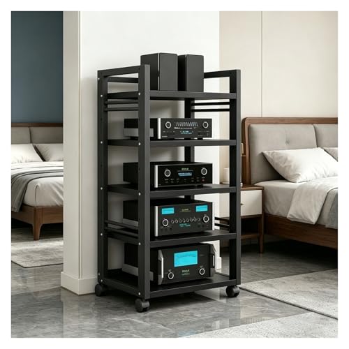5 Niveaux Meuble HiFi, Support Multimédia, avec Étagère Réglable en Hauteur Et roulettes, Rack HiFi pour Chaînes Stéréo, pour Bureau À Domicile Et...