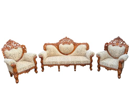 Image of Wooden 5 Seater Sofa Set | Teak Wood Hand-Carved Sofa 3+1+1 Traditional Design Furniture for Living Room, Home, Office Seating