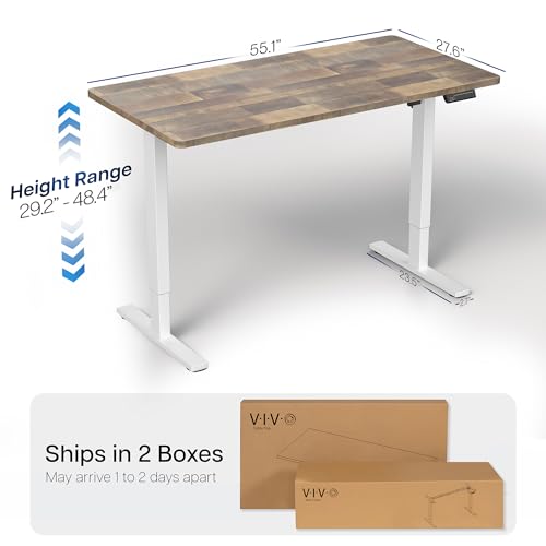 Image of VIVO Reclaimed Wood 55 x 28 in Standing Desk, DESK-KIT-1W55P | Electric, Holds 220 lbs, Sit Stand, Height Adjustable, Solid One-Piece Table Top, Memory Presets, 1B Series, White Frame