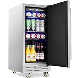 Outdoor Beverage Refrigerator, 15 Inch Stainless Steel Under Counter Beer Beverage Fridge for 120 Cans w/ 34-65℉, Indoor/Outdoor Beverage Refrigerator Beer Cooler with Lock, Built-in/Freestanding