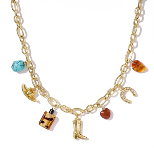 KissYan Cowgirl Western Charm Necklace, 14K Gold Plated Boot Horseshoe Turquoise Pendant Chain Vintage Jewelry Gift for Women
