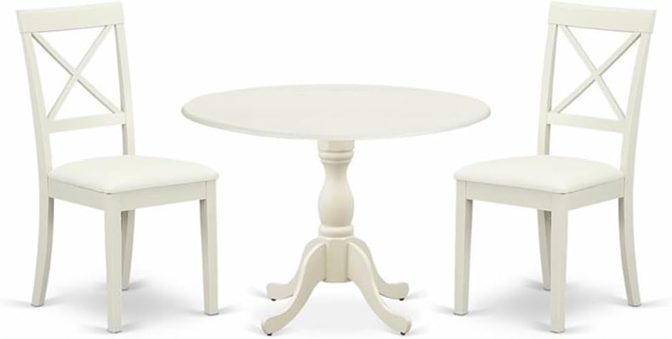 East West Furniture DMBO3-LWH-C 3 Piece Dining Table Set for Small Spaces Contains a Round Dining Room Table with Dropleaf and 2 Linen Fabric Upholstered Chairs, 42x42 Inch, Linen White