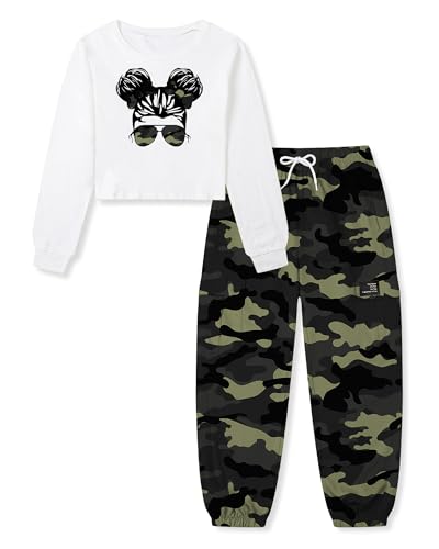 Image of Betusline Girls Fall Winter Clothing Sets, Long Sleeve Crop Top & Cargo Jogger Pants 2 Piece Outfit Sets,4T-14Y