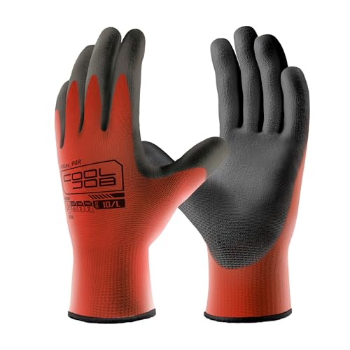 Image of COOLJOB 12 /60 Pairs Safety Work Gloves Pack Bulk with Grip PU Coating | Breathable Lightweight Gloves with Polyurethane Dipped for Men Women, 13 Gauge Seamless Knit Thin Gloves, Red Medium