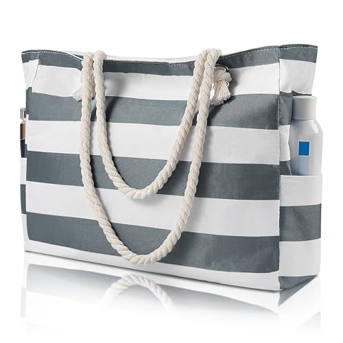 Bolsas de praia femininas - Bolsas de praia grandes com zíper, impermeável, à prova de areia, bolsa grande, Listras cinzas, Large