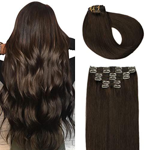 SURNEL Hair Extensions Clip in Real Human Hair 14inch 55cm #2 Dark Brown Thick Soft 6 Pcs Straight Human Hair Clip in Extensions Full Head Double Weft 100 Grams (C#2