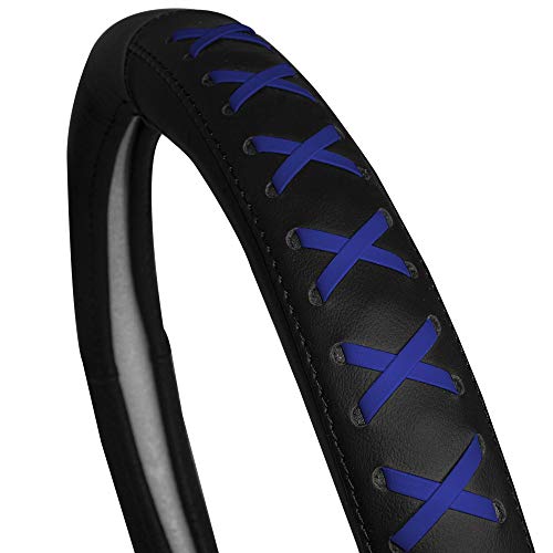Image of FH Group 15 Inch Genuine Leather with Lace-Up Detailing Steering Wheel Cover fits Most Cars, SUVs Blue