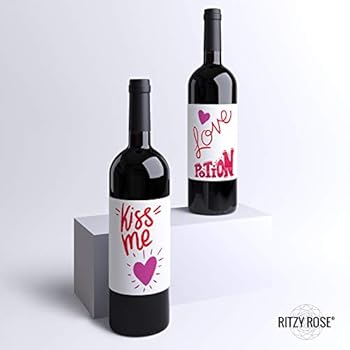 4 Valentine's Day Wine Bottle Labels for Wine Gift Basket | Love Potion Kiss Me Heart Locket and Key | Valentines Day Date Night Dinner Wine Label | ...