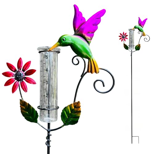 Jonuin Pluviómetro paraJardín, Pluviómetro de Vidrio para Exteriores, Pluviómetro de Metal Resistente a la Intemperie con Diseño de Colibrí y Flor para Césped, Parterres, Ppatio y Jardín