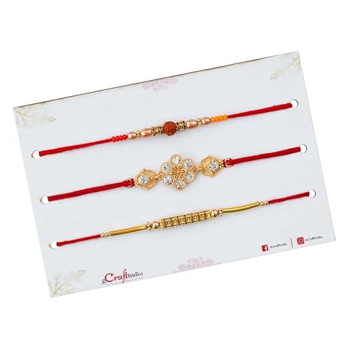 Image of eCraftIndia Red & Golden Set of 3 Trishul with Damru, Lord Ganesha, & Lord Krishna Playing Flute Religious Rakhis with Roli Chawal Pack