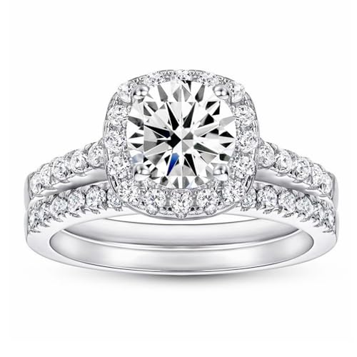 Halo Wedding Ring Set for Women Bridal Sets Wedding Rings Platinum Plated Silver, 1-1/2 Carat (ctw) Moissanite Engagement Ring Set White Gold Anniversary Promise Rings for Her