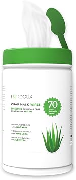 PURDOUX 100% Cotton CPAP Mask Wipes Canister Unscented with Aloe Vera 70 wipes - CPAP Supplies, CPAP Accessories, CPAP Cleaning Supplies for CPAP Machine | Aloe Vera Infused, Alcohol Free, Silicone Safe, Removes Dirt & Facial Oils, Gentle Cleaning, CPAP Supplies, CPAP Accessories