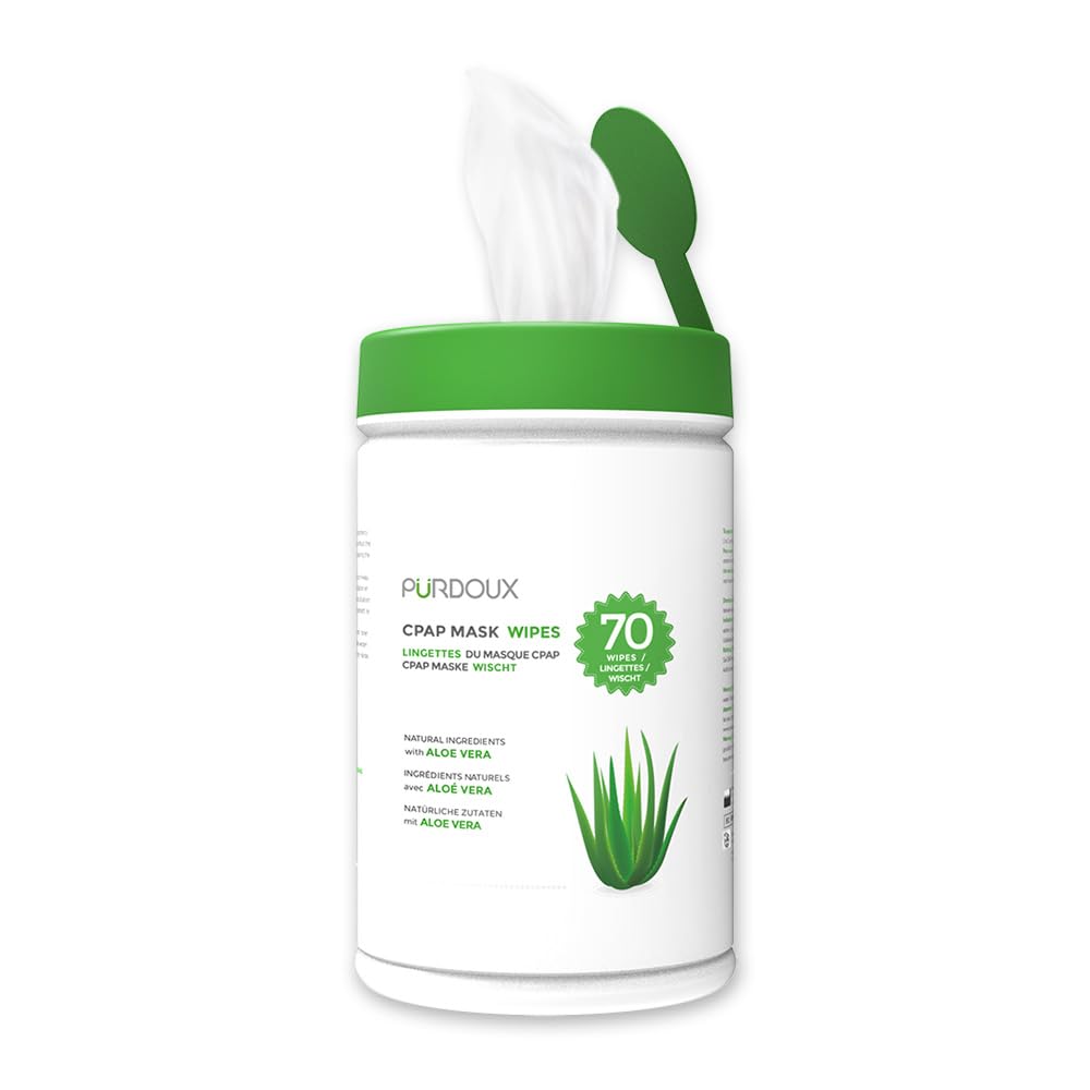 Purdoux Green 100% Cotton Cpap Mask Wipes Canister Unscented With Aloe Vera (70 Wipes) - Cpap Supplies, Cpap Accessories, Cpap Cleaning Supplies For Cpap Machine