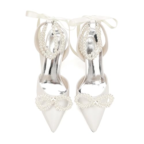 Women's Closed Toe Pearl Heels with Bow Wedding Shoes for Bride High Heels Bridal Shoes Slingback Satin Heels Pumps2