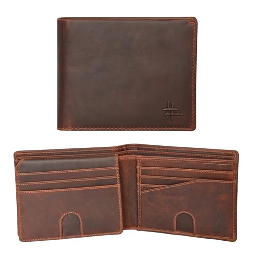 Mens RFID Blocking Bifold Wallet Genuine Leather | Secure and Durable Extra Capacity Billfold with 13 Credit Cards, 1 Flip Up ID (Brown oil pullup)