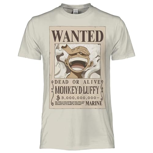 One Piece Luffy Wanted Poster Official Unisex T Shirt Regular Cotton Adult Boys, beige, M