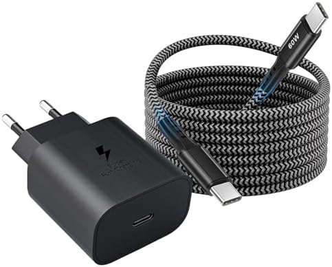 25W USB C Ladegerät, Schnellladegerät Netzteil Super Fast Charger mit 2 m PD Schnellladekabel Nylon USB Typ C Ladekabel für Samsung Galaxy S25 S24 S23 S22 Ultra S21 S20 FE S10 A55