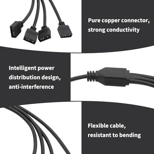 2 Piezas Cable ARGB Divisor 1 a 4, Extensión RGB Direccionable 5V 3 Pines, Splitter para Ventiladores Tiras LED, Cable Sincronización Iluminación RGB Compatible con Placas Base Controladores PC Gaming - imagen 3