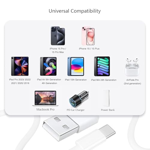 Image of 3 Pack iPhone 16 Car play Cable USB A to USB Type C Charging Charger for iPhone 17 Air /16e 16 Plus 15 Pro Max Plus Data Cord, iPad Pro 12.9 10 Gen,Samsung Galaxy Tab A7 A8 A9 S10+ S9 S8 S7 Note 10 S10