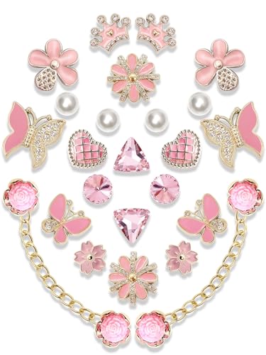 Acwenie 24pcs Bling Shoe Charms Set Pearl Plastic Butterfly Flower & Chain Decorations for Clogs & Sandals Cute Accessories for Women & Girls Gift