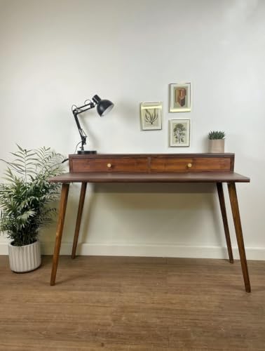 Image of Mid-Century Modern Writing Desk, Solid Wood, 2 Drawers with Brass Knobs, Walnut Brown