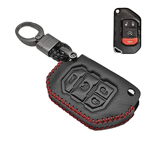 MECHCOS Compatible with 2020 2019 2018 Jeep Wrangler JL Gladiator JT Flip 4 Buttons Leather Case Key Fob Cover Keyless Remote Holder Protecter with Key Ring