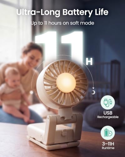 Image of GROWNSY 4-in-1 Portable Baby Stroller Fan with Clip & Night Light, Beige | Foldable & Rechargeable, 4 Adjustable Wind Speed for Handheld /Car Seat /Carrier /Beach /Travel /Crib /Camping