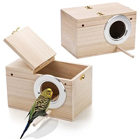 Hiceeden 2 Pack Parakeet Nest Box, Natural Wood Bird Nesting Box, Small Bird House Breeding Box for Budgie Lovebirds, Cockatiel, Parrots Mating, Aviary, 7.7×4.7×4.7 Inches Cover
