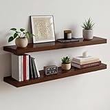 Homeforia Walnut 36 inch Floating Shelf, High End Solid Real Wood 36inch Large Shelves for Bathroom Wall, Dark Brown 36 inches Long Floating Shelves, Heavy Duty Bracket, 36 X 6.5 X 1.75 inch, Set of 2
